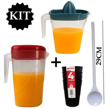 Imagem de Kit Jarra 2 Litros + Jarra 1,2 Litros Com Espremedor + Colher Misturadora + 4 Copos plástico 350 ML