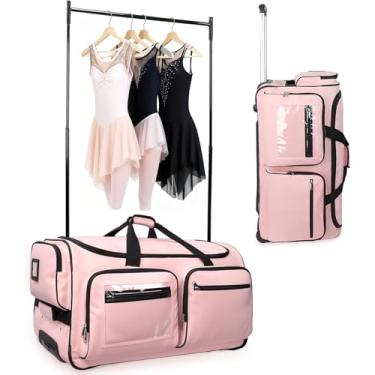 Imagem de Dance Bag with Garment Rack, 28" Rolling Duffel with Wheels, Collapsible Dance Suitcase, Easy-assembly Lightweight Aluminum Clothes Rack, Ideal for Competitions & Travel(Pink)