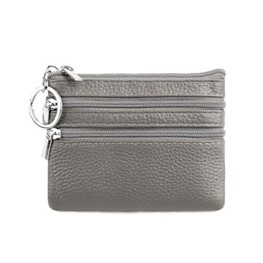 Imagem de Bolsa de moedas de couro com porta-cartões pequena com chaveiro para mulheres e homens, Cinza, Carteiras