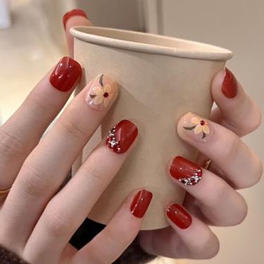 Imagem de Kit de unhas curtas quadradas, unhas falsas vermelhas com strass design de flor gel cola em unhas para mulheres cobertura completa acrílico artificial bastão falso em unha para casamento 24 peças em