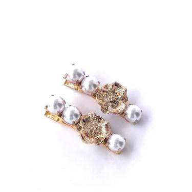 Imagem de 2 Unidades presilhas de cabelo bico de pato dourado flor camélia e pérolas – Elegantes e Brilhantes para Festas, noiva, casamento e dia a dia