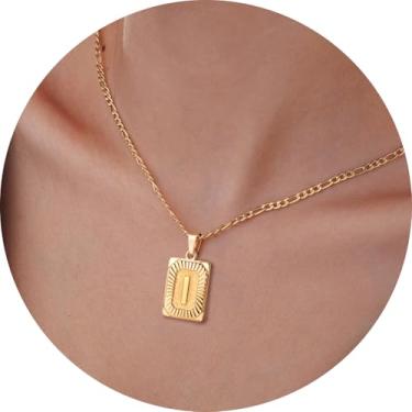 Imagem de Colar masculino com inicial, pingente de letra retangular de A a Z, corrente de aço inoxidável banhada a ouro, joia de monograma personalizada, 20in, Aço inoxidável, Sem Pedra Preciosa