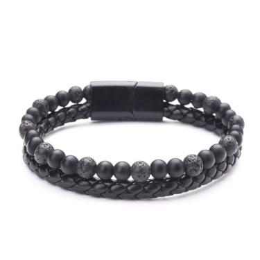 Imagem de Pulseira de couro masculina com contas vulcânica pedra olho de tigre pulseira trançada multicamadas joias presentes com fecho, One Size, Metal, Sem Pedra Preciosa