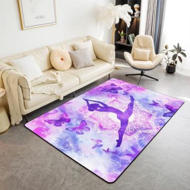 Imagem de Erosebridal Mandala Tapetes para sala de estar, tapete de ginástica, 1,78 m x 90 cm, roxo, para meninas, boho, flor, borboleta, fantasia, aquarela, antiderrapante, lavável, tapete de chão para uso