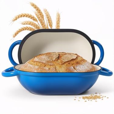 Imagem de Forno holandês oval de 5 litros para assar pão, forno de ferro fundido esmaltado para fermento, forma de pão de fermento com tampa, forma de pão antiaderente resistente para assar pão caseiro, azul