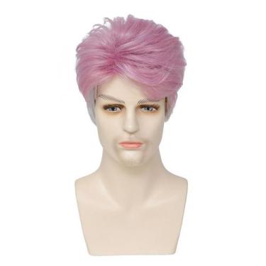 Imagem de Peruca curta de cabelo sintético rosa encaracolado de 25 cm para homen