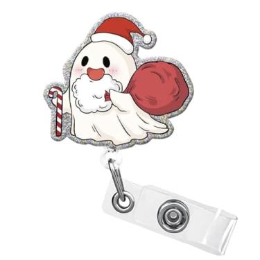 Imagem de Carretel de crachá retrátil de fantasma fofo de Natal com clipe de crachá de identificação com glitter de 59,9 cm, cordão de nylon giratório de 360°, clipe jacaré fofo em acrílico para enfermeiros