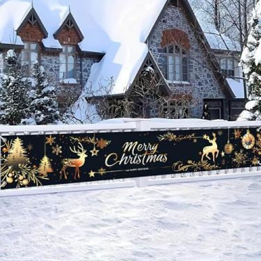 Imagem de HOMETITUTE 299,7 x 50,8 cm Banner Feliz Natal Ouro Preto Rena Árvore Relógio Ornamento Design Banner Pendurado de Natal Grande Cerca Externa Varanda Decoração de Parede Cenário de Festa de Natal