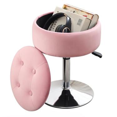 Imagem de Xenothos Cadeira giratória otomana com armazenamento para sala de maquiagem para cadeira de penteadeira, altura ajustável, veludo, rosa claro