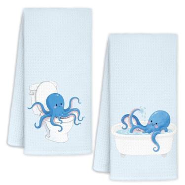 Imagem de YTRGI Toalhas de mão de polvo para banheiro, conjunto de 2, decoração de presentes de polvo, azul claro, náutico, oceano, litoral, praia, cozinha, toalhas de mão para crianças, banheiro, 40 x 61 cm