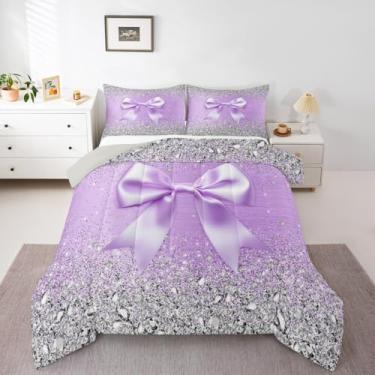 Imagem de Conjunto de edredom casal, com laço e laço de fita cinza, diamante com glitter roxo, estilo princesa dos sonhos, estilo kawaii, geométrico, com laço geométrico, para decoração de quarto de meninas
