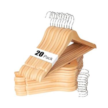 Imagem de Hapmira Cabides de madeira premium, pacote com 10, cabides de madeira maciça natural com hastes para calças e entalhes nos ombros, economia de espaço para ternos, camisas, jaquetas, vestidos e calças