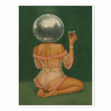 Imagem de Arte de parede de bola de discoteca – pôster de carrinho de bar glamouroso, estampa estética vintage temperamental para decoração de carrinho de bar 28 x 35 cm sem moldura