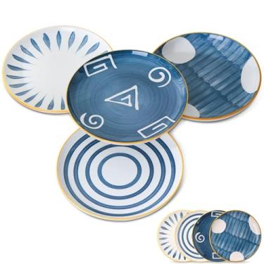 Imagem de Yeacccng Conjunto de 4 pratos de jantar de cerâmica, pratos planos japoneses, pratos decorativos para decoração de cozinha, resistente a arranhões, sem chumbo, seguro para lava-louças e micro-ondas