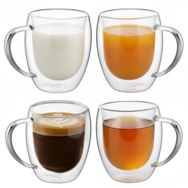 Imagem de Hpmjz Pacote com 4 canecas de café de vidro de parede dupla 350 ml, grandes, transparentes, copo de vidro isolado resistente ao calor com alça para bebidas quentes/frias, chá, cappuccino, latte, leite