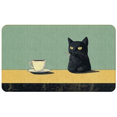 Imagem de WARDOS Tapete de porta de boas-vindas de gato preto, capacho vintage com pintura artística de gato preto para porta da frente, entrada interna, tapete vintage para gatos bebendo café para café