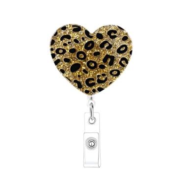 Imagem de Carretel de crachá de coração de dia dos namorados com estampa de leopardo, clipe retrátil, engraçado, para enfermeira, dia dos namorados, com clipe jacaré, glitter, porta-crachás retráteis, para