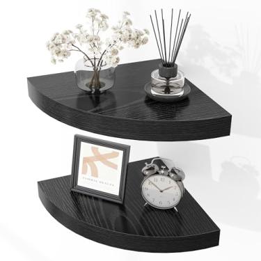 Imagem de Fun Memories Conjunto de 2 prateleiras de canto flutuantes - Prateleiras de armazenamento e exibição montadas na parede de madeira rústica para sala de estar, quarto, cozinha, banheiro - decoração de