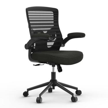 Imagem de Cadeira de escritório ergonômica para longas horas – Cadeira de computador de malha com encosto alto com suporte lombar, apoios de braços dobráveis e almofada de assento respirável, preto puro