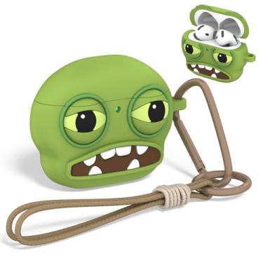 Imagem de OAJ Capa protetora engraçada para AirPods 4, desenho animado 3D, capa de silicone macio com chaveiro e cordão (verde)