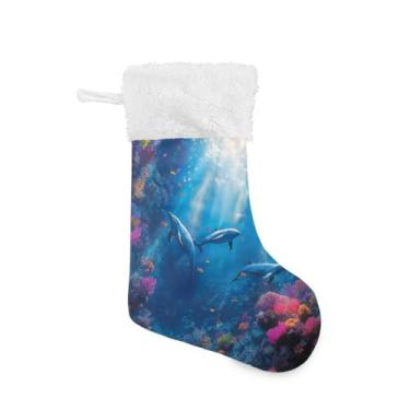 Imagem de Blueangle 1 pacote com 17,7 polegadas Underwater World of Dolphins Meias de Natal para decorações de festas de fim de ano, porta-presentes e meias (629)