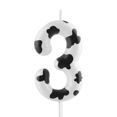 Imagem de Velas número 3 de vaca para meninas e meninos, topo de bolo de vaca 3º aniversário chá de bebê decoração de festa de aniversário suprimentos