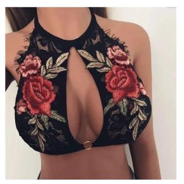 Imagem de Cropped Top Sutiã de Renda Preto Frente Única com Bordado de Rosas Ver