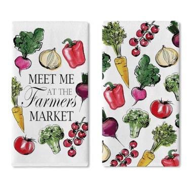 Imagem de Croar Conjunto de 2 panos de prato de cozinha vegetais, Meet Me at The Farmers Market, toalha de mão de secagem de vegetais, pano de cozimento, vintage, fazenda, cenoura, cebola, tomate, pimenta