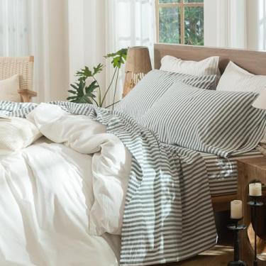 Imagem de MooMee Jogo de lençol listrado 100% algodão lavado como linho texturizado respirável durável macio confortável (listras clássicas verdes mescladas, Queen)