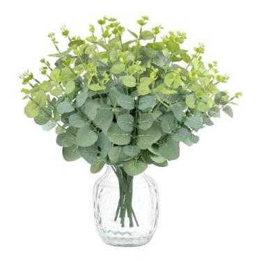 Imagem de MEILIDY Hastes artificiais de eucalipto, folhagem realista, galhos com folhas para vaso de mesa central, decorações de casamento de primavera, verde, 12 peças