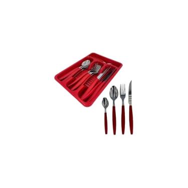 Imagem de Home Conjunto de Talheres em Aço Inox Vermelho, 25 Peças, Cabos em Polipropileno, com Porta Talher, Fácil Limpeza, para Uso Doméstico e Restaurante