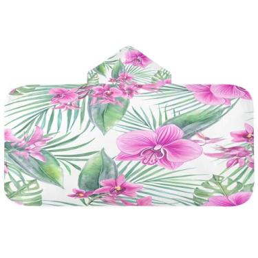 Imagem de CEBUGI Toalha de banho com capuz com folhas de flores tropicais para crianças toalha de banho macia absorvente com capuz 127 x 59,7 cm toalha de banho de praia para meninos e meninas
