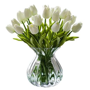 Imagem de LMJYU Flores artificiais para decoração 28 peças tulipas flores artificiais em vaso arranjos de tulipas falsas com vaso para decoração de casamento em casa, jantar T