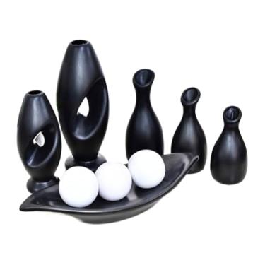 Imagem de Vaso Decorativo De CerâMica – Vaso Artesanal, Adequado Para Colocar No Centro Da Mesa De Jantar, Aparador, Alcova Ou Prateleira.(PRETO BRANCO LISO 9PÇS)