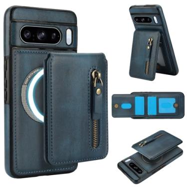 Imagem de Carteira removível compatível com carregamento sem fio Magsafe para Google Pixel 8 Pro com suporte para cartão, bolso com zíper, suporte 2 em 1 à prova de choque (azul)