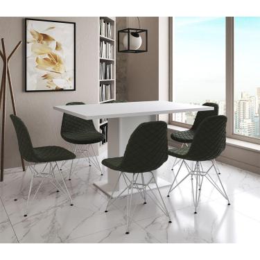 Imagem de Mesa Jantar Londres Retangular Branca 137X90 6 Cadeiras Estofadas Verde Ferro Branco