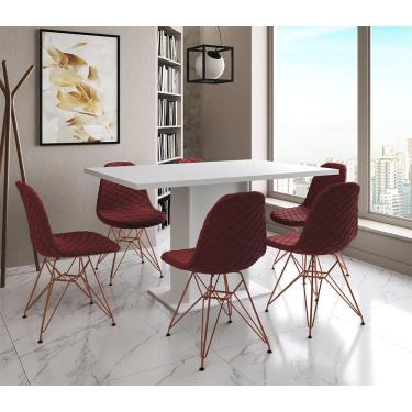 Imagem de Mesa Jantar Londres Retangular Branca 137X90 6 Cadeiras Estofadas Vermelho Base Cobre