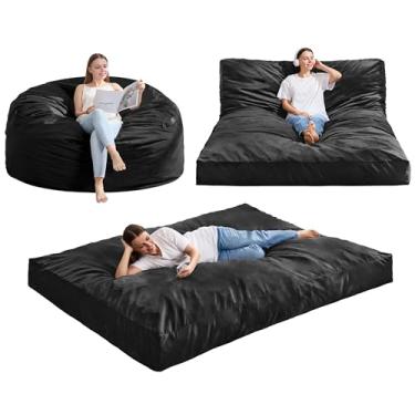 Imagem de Hobestluk Cadeira Bean Bag 3 em 1 para adultos, sacos de feijão grandes com capa de veludo removível, cadeira conversível para sala de estar, quarto, sala de jogos (preto, Queen)