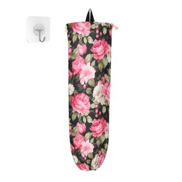Imagem de Rosas e folhas rosas florais na parede de dispensador de sacolas de supermercado preto, organizador de sacolas para armazenamento de sacolas plásticas de cozinha, suporte de sacola de compras