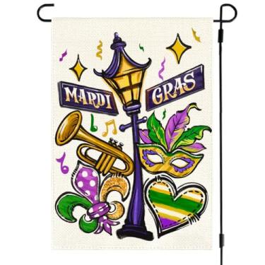 Imagem de ARGOOFG Bandeira de jardim de carnaval 30,5 x 45,7 cm decoração externa dupla face, lâmpada de rua máscara flor de lis, suprimentos de festa de carnaval de Nova Orleans, acessórios para festivais de