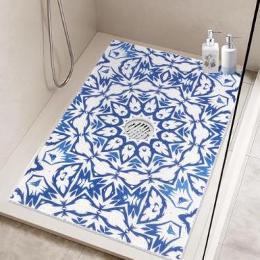 Imagem de Tapete de chuveiro antiderrapante com orifícios de drenagem no meio, tapetes de chuveiro supermacios para chuveiro interno, tapetes de chuveiro para casa, hotel, spa, academia (terraço azul)