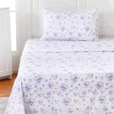 Imagem de MICORAL Jogo de lençol infantil solteiro com flores roxas, gatos, 3 peças para meninos e meninas, lençóis de microfibra com estampa macia, conjunto de cama infantil aconchegante com bolso profundo