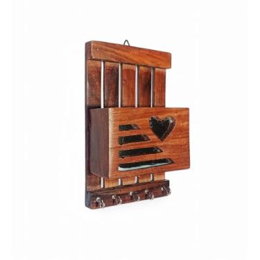 Imagem de Nautical Store kings Porta-chaves marrom de madeira com parede espelhada com caixa de armazenamento, suporte de caneta e suporte de 5 ganchos de madeira para parede de casa, escritório, corredor e