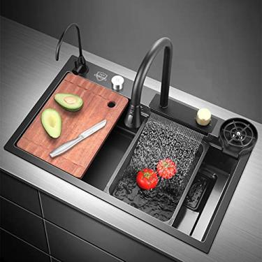 Imagem de Pia de cozinha, chuva voadora, cachoeira, aço inoxidável, embaixo da pia da cozinha, tigela única, adicione enxágue de vidro para pia pressurizada (68 cm/26,7 pol, pacote A)
