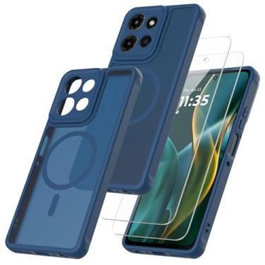 Imagem de RYKQ Capa magnética para Motorola Moto G 2026/G Play 2026 com 2 protetores de tela de vidro temperado com protetor de lente de câmera fosca translúcida à prova de choque (azul)