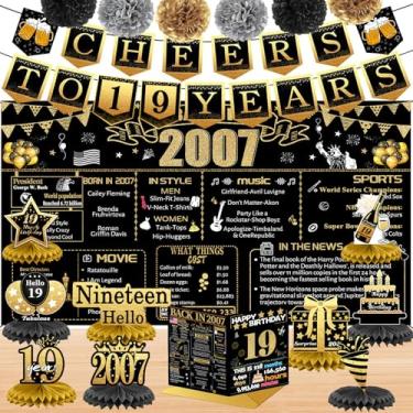 Imagem de Decorações de aniversário de 19 anos para menino, 18 peças de decoração de banner em ouro preto em 2007, pano de fundo de aniversário, faixa de 19 anos para filha e filho, cartão de aniversário, 6