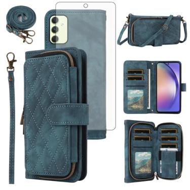 Imagem de Capa de celular para Samsung Galaxy A54 5G carteira celular com protetor de tela de vidro temperado alça transversal alça flip suporte zíper bolsa porta-cartão slot A545G A 54 54A 4G G5 SM A546U