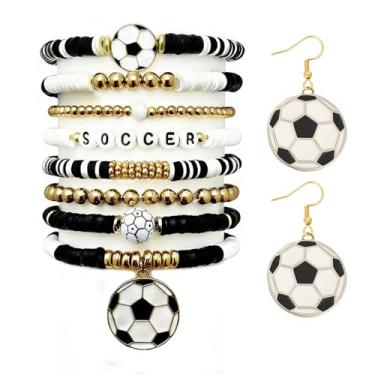 Imagem de Brincos de pulseira de futebol para mulheres mãe preto branco bola de futebol pulseiras elásticas esportes pingente brincos dia de jogo roupas de fã acessórios joias