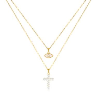 Imagem de COORWEEL Colar de cruz para mulheres banhado a ouro 14K cruz e asa de anjo delicado olho turco colar de proteção da sorte joia presente para mulheres, Medium, Latão, Zircônia cúbica