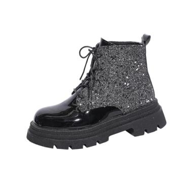 Imagem de Botas femininas modernas de inverno casuais confortáveis com bico redondo brilhante frontal com cadarço e salto baixo, Preto, 38